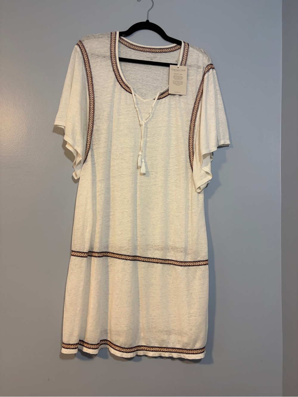 Garnet Hill Cream Tunic Dress with Brown Trim Organic Linen
